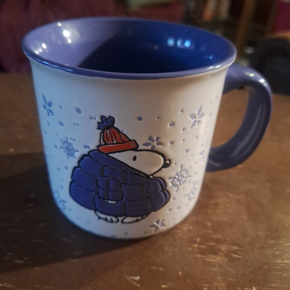Peanuts Snoopy Purple Puffer Jacket With Woodstock Coffee 18 oz Mug
